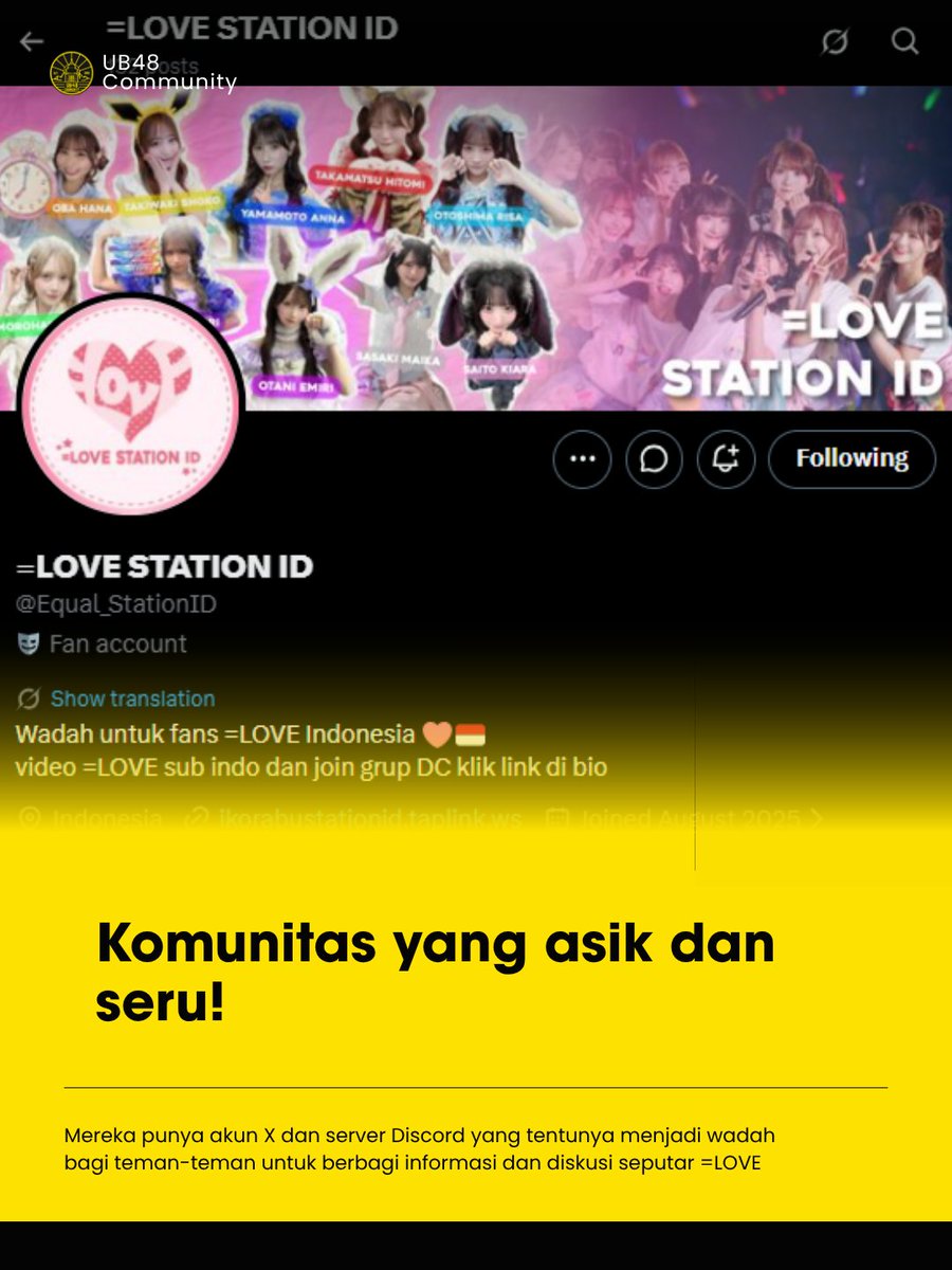 Ub48Community's tweet photo. Fanbase yang berdiri pada 29 Agustus 2025 ini aktif membagikan informasi terbaru, video =LOVE dengan subtitle Indonesia, serta berbagai trivia menarik seputar grup dan para member. https://t.co/BxpB4hO2Eh