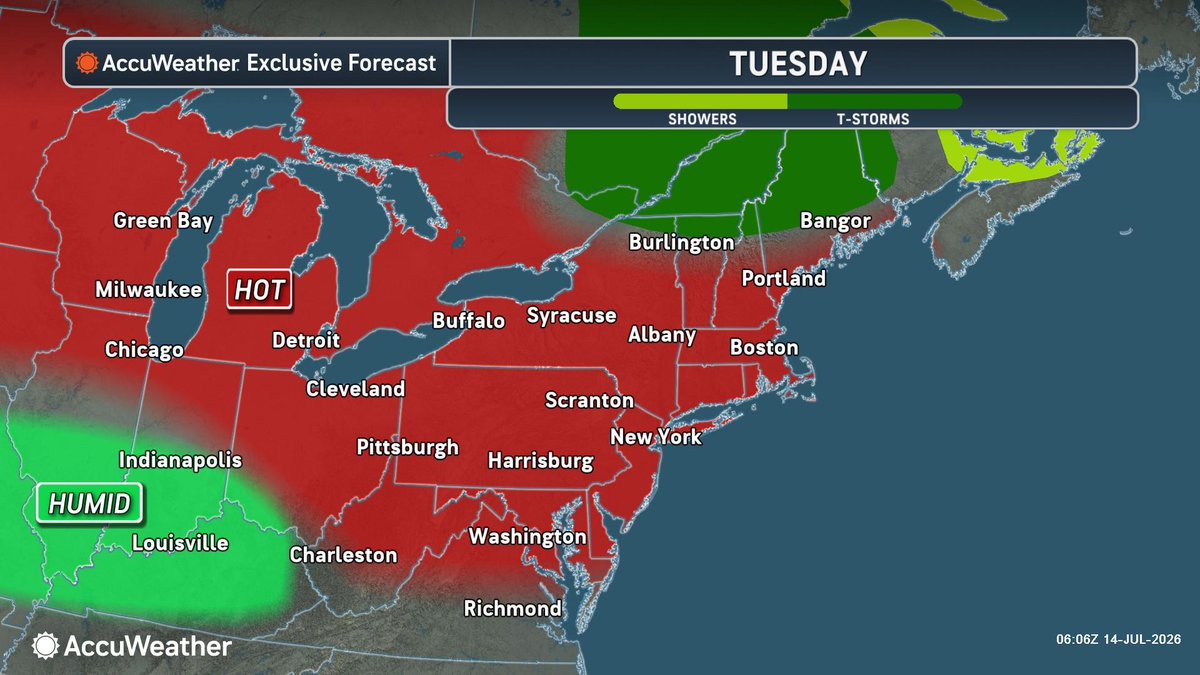1010WINS's tweet photo. Weather @accuweather TUESDAY
* HEAT ADVISORY FROM 11 AM TUESDAY THROUGH 9 PM WEDNESDAY *
* AN AIR QUALITY ALERT IS IN EFFECT FROM 11 AM TO 11 PM TODAY *
•Today: Becoming breezy, hot and more humid with plenty of sunshine. High 94.
•Tonight: Clear, very warm and sticky. Low 78.
•Tomorrow: Sunny to partly cloudy, breezy, very hot and humid. High 98, but AccuWeather RealFeel(R) Temperatures over 100! The record is 102 from 1995. A t-storm cannot be ruled out late in the day or evening, especially north and west of the City.