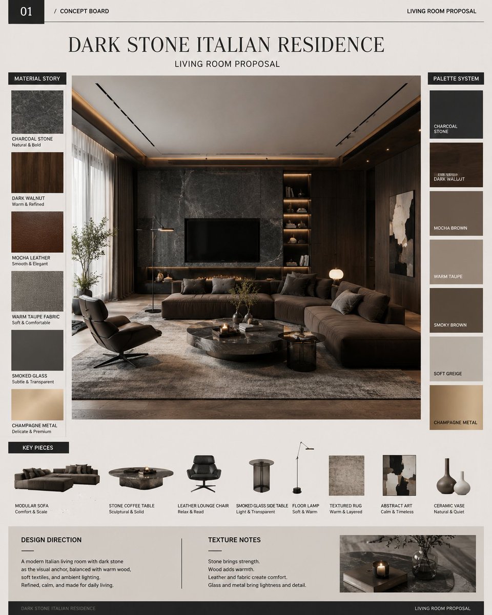 MrLarus's tweet photo. 🤯 Built a full interior proposal with ChatGPT-Image2!

A dark Italian-style living room for a real private residence:
1. Concept board
2. Spatial breakdown
3. Furniture selection
4. Material board

Charcoal stone, dark walnut, mocha sofa, smoked glass, warm ambient light…

The whole set feels closer to a real design deck than a single pretty interior image.

Prompt below 👇