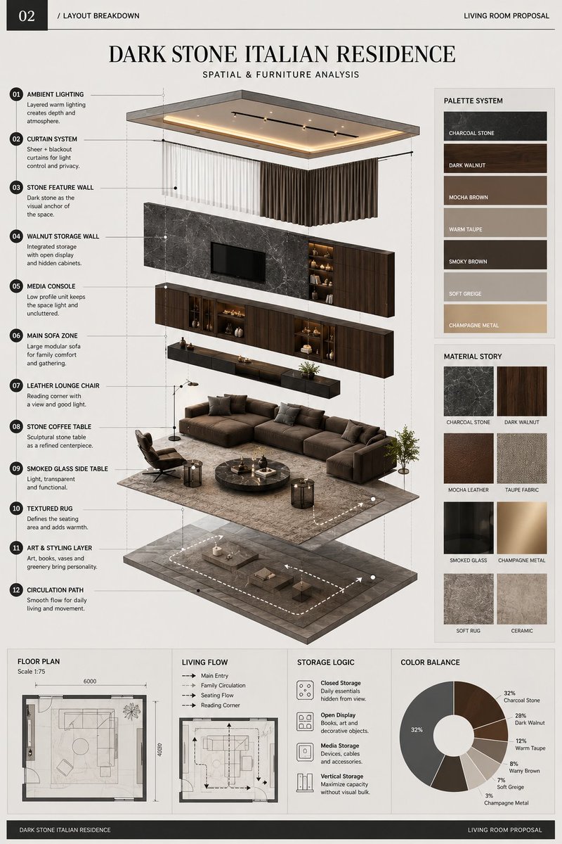 MrLarus's tweet photo. 🤯 Built a full interior proposal with ChatGPT-Image2!

A dark Italian-style living room for a real private residence:
1. Concept board
2. Spatial breakdown
3. Furniture selection
4. Material board

Charcoal stone, dark walnut, mocha sofa, smoked glass, warm ambient light…

The whole set feels closer to a real design deck than a single pretty interior image.

Prompt below 👇