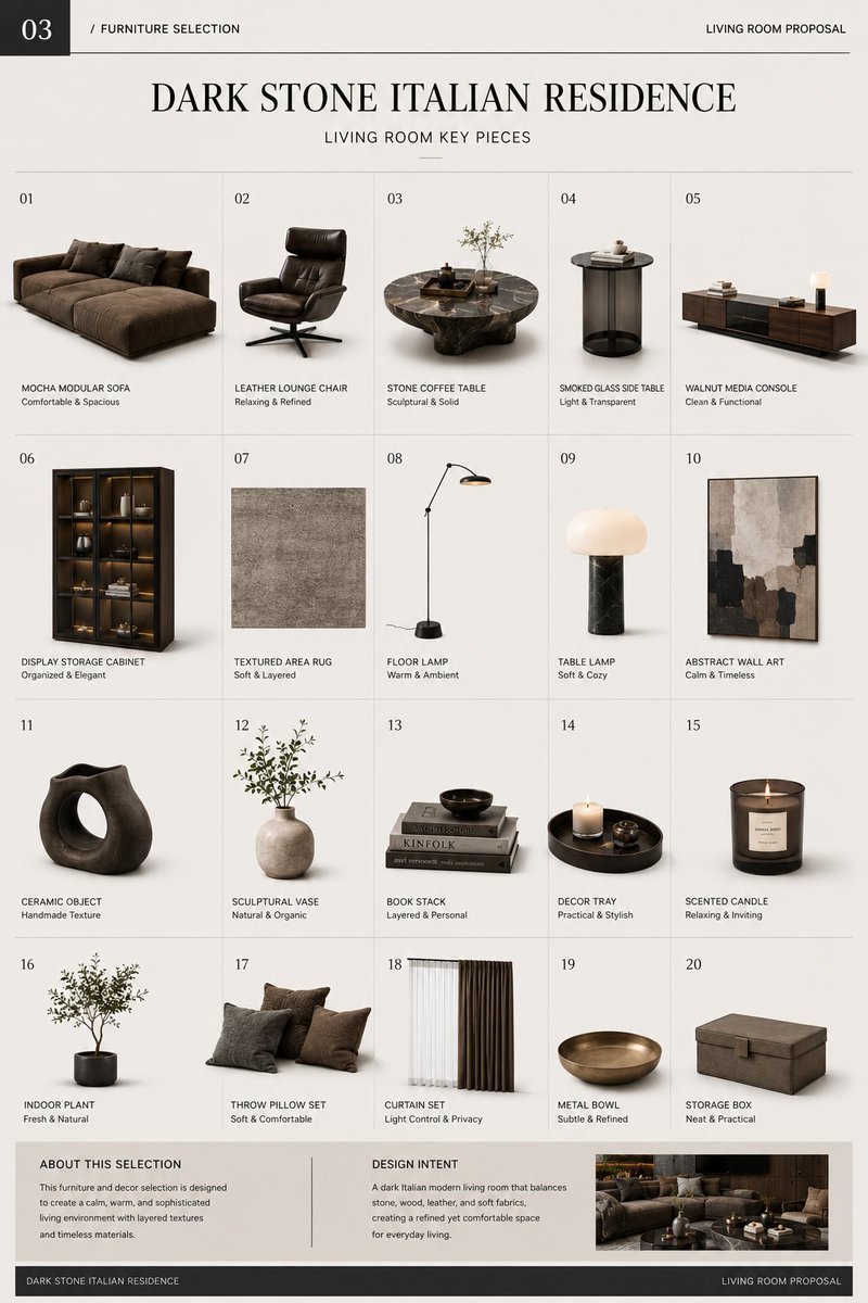 MrLarus's tweet photo. 🤯 Built a full interior proposal with ChatGPT-Image2!

A dark Italian-style living room for a real private residence:
1. Concept board
2. Spatial breakdown
3. Furniture selection
4. Material board

Charcoal stone, dark walnut, mocha sofa, smoked glass, warm ambient light…

The whole set feels closer to a real design deck than a single pretty interior image.

Prompt below 👇