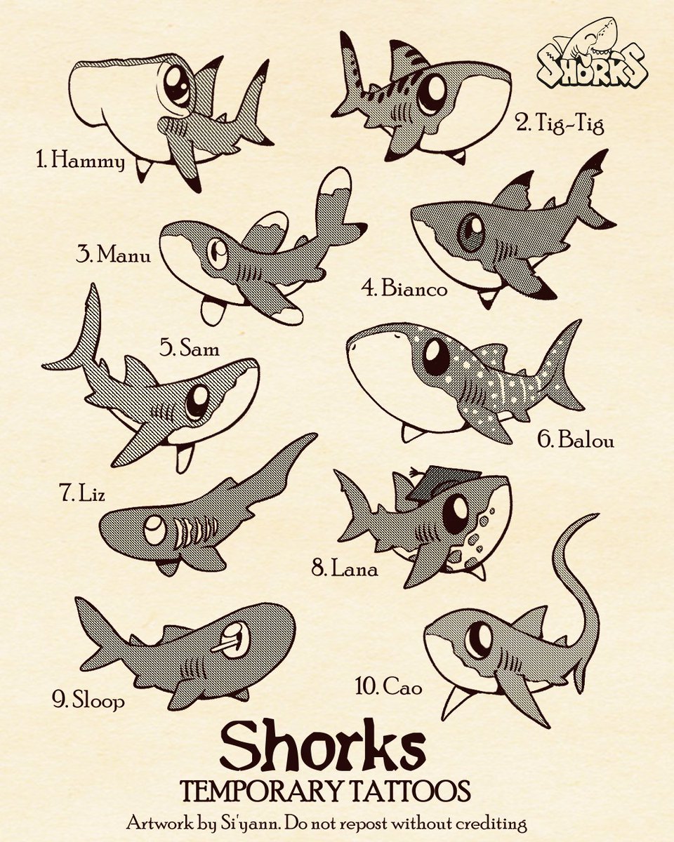 siyann_stuff's tweet photo. it's #sharkawarenessday today ! Tell me which one of those cute little Shorks is your favourite ! 
These  designs are meant to be print as temporary tattoos that I sell at cons. I don't sell them on my online shop but who  knows, you may find one in your package ! 
link in bio https://t.co/iqv6BRoPVi