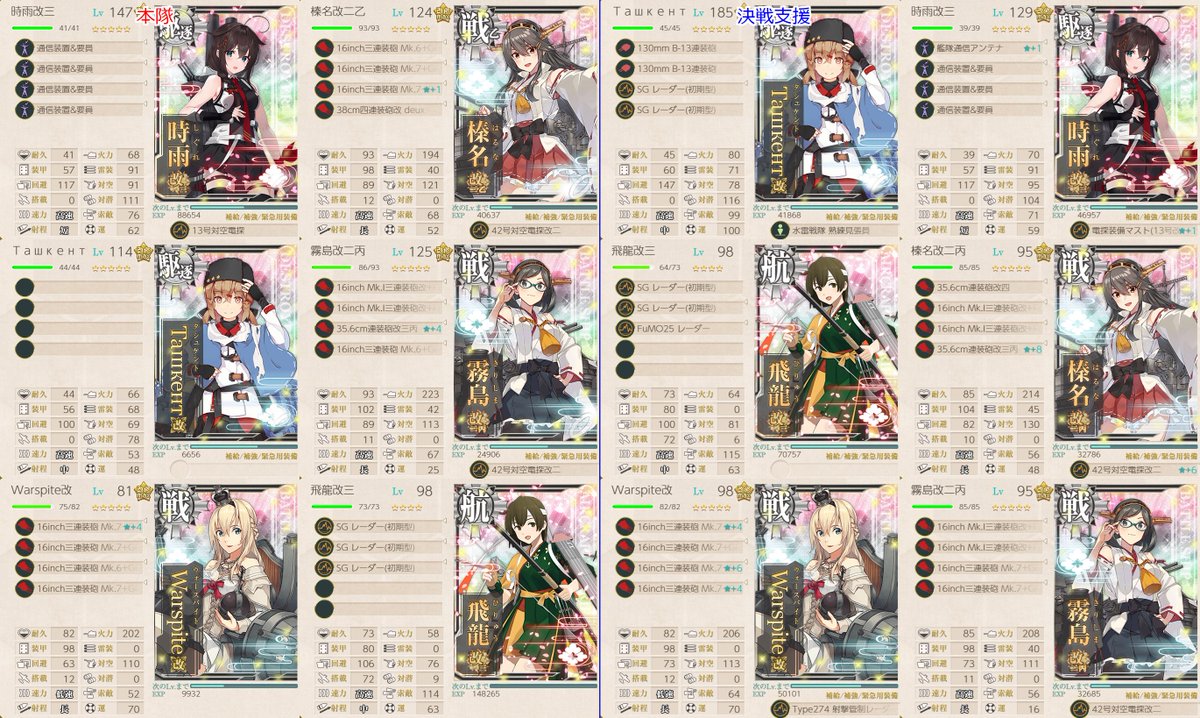 nyateitoku's tweet photo. E2-3甲　攻略編成
編成：正母2軽母2雷巡1軽巡1駆逐4海防2
ルート:TWW2X1XY
この艦隊ではボスマスの昼で1隻も落とせないので初めから6択スナイプ覚悟。そのため強い艦娘を上から順に並べた（タシュは除く）

攻略中に軽母1隻を制空箱にすればいい感じではと考えた草案↓
https://t.co/qCxfYrTLoq https://t.co/NQVN86dHQz