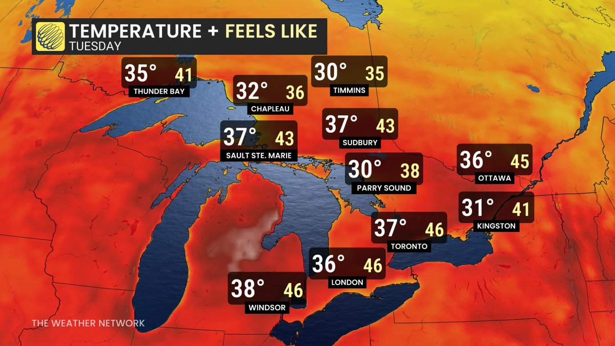 RTNToronto's tweet photo. #NEW: Toronto will be feeling the heat today as temperatures soar to 46°C with the humidex, making it one of the hottest days of the year. 

Residents are being urged to stay hydrated, avoid prolonged outdoor activity, and seek air-conditioned spaces whenever possible. https://t.co/e6yQsIIVx2