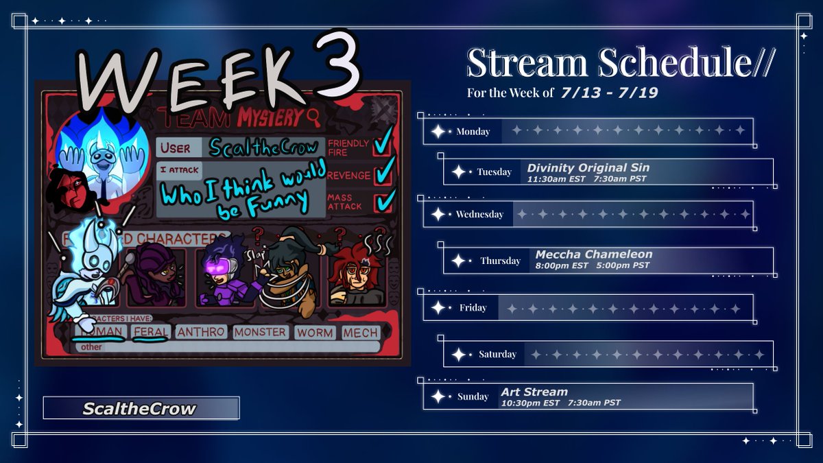 ScaltheCrowGod's tweet photo. GIVE IT UP FOR WEEK 3! And the schedule I guess...
btw also have a collab this Thursday soooooooo Look forward to that! 💙 https://t.co/78JkOa61z8
