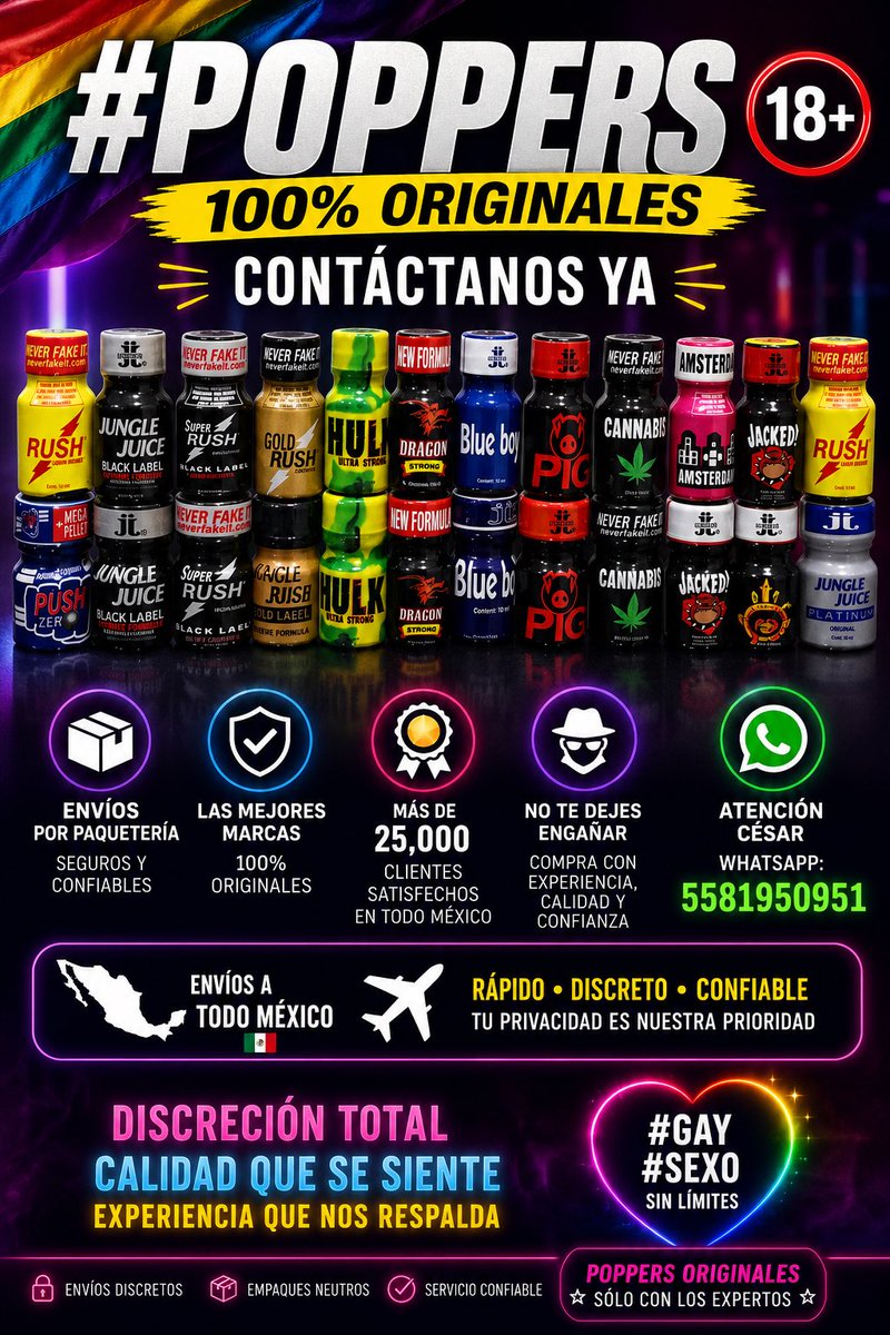 PoppersMexi's tweet photo. 🔞 #POPPERS – CONTÁCTANOS YA
📦 Envíos por paquetería seguros y confiables
🌈 Atención César
📲 WhatsApp: 5581950951
✅ Las mejores marcas 💯 originales
🚫 ¡No te dejes engañar!
💬 Más de 25,000 clientes satisfechos en todo México📍🇲🇽 | ✈️ Rápido, discreto 
#POPPERS #Gay #Sexo 🔥 https://t.co/37tO5L1ggB