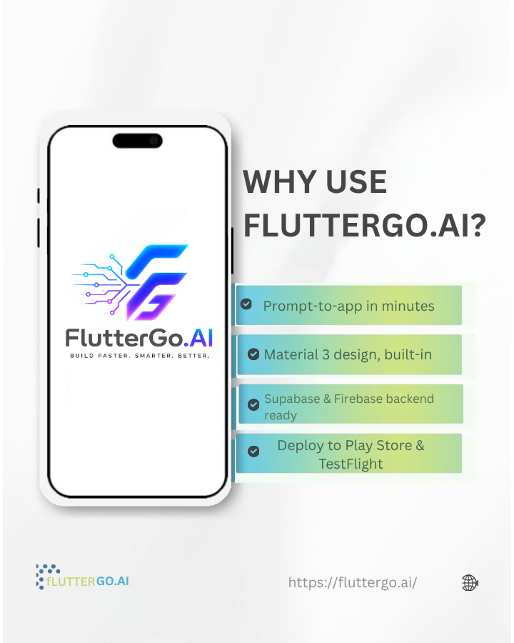 fluttergoai's tweet photo. Why use https://t.co/JctjjtSZII?
✅ Prompt-to-app in minutes
✅ Material 3 design, built-in
✅ Supabase &amp; Firebase backend ready
✅ Deploy to Play Store &amp; TestFlight
Build faster. Smarter. Better.
#AI #FlutterDev #NoCode #AppDevelopment https://t.co/gaqIUq9xgu