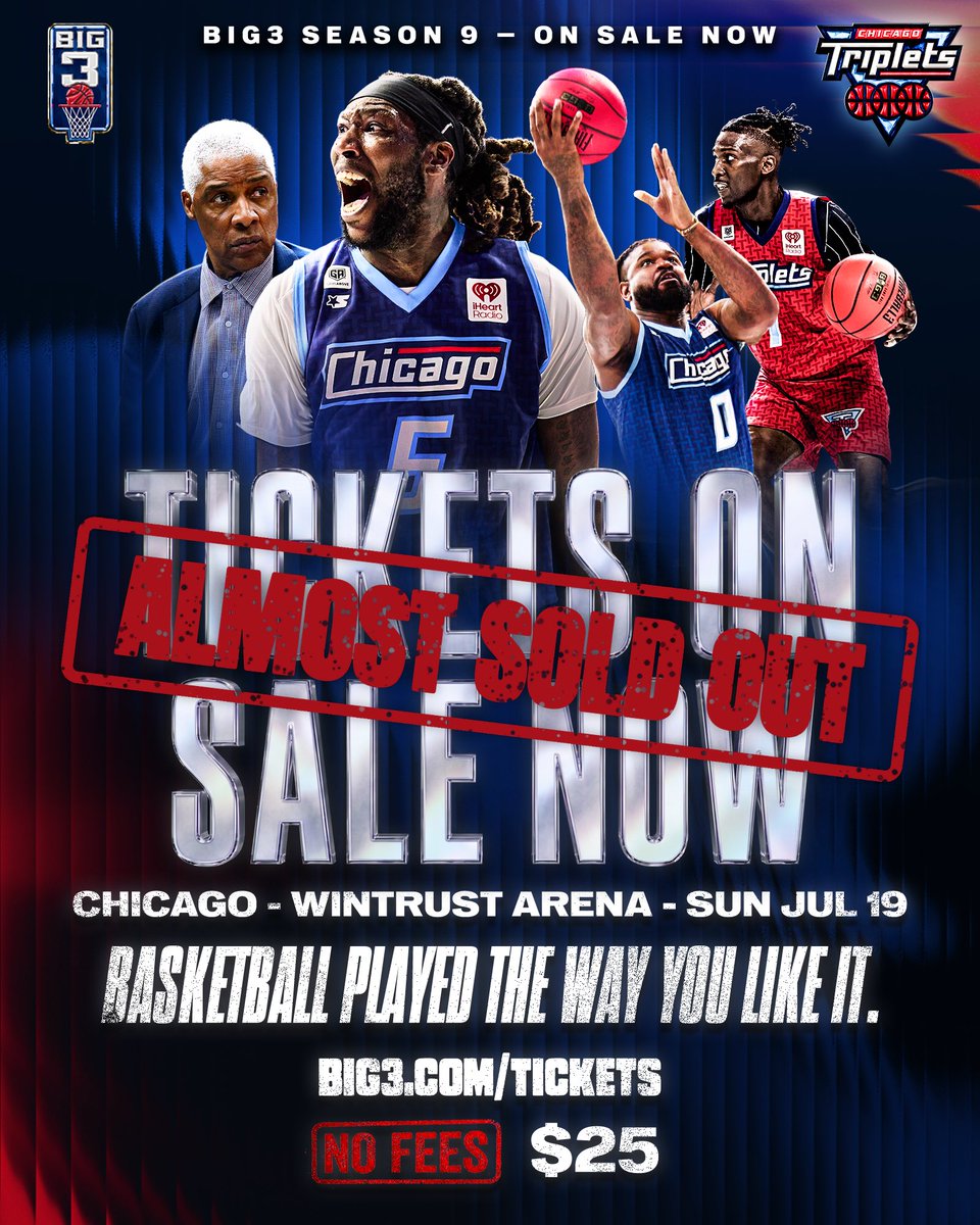 thebig3's tweet photo. We said we're coming to Chicago. Chicago responded. Tickets are almost sold out  $25, zero fees, Wintrust Arena, Sun Jul 19. https://t.co/6y7TmGfMc3

Get them while you can 🎟️ https://t.co/ratJrFmYxU