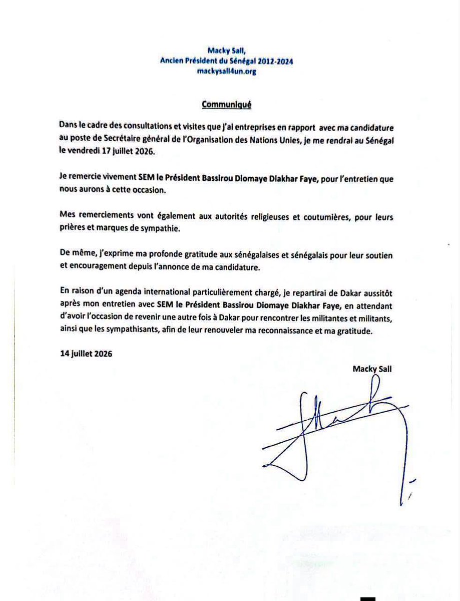 aboubacarybarma's tweet photo. #Sénégal #SG_UN
Dans un communiqué ce mardi, l’ancien Président #Macky_SALL a annoncé qu’il effectuera une visite à #Dakar, le vendredi 17 juillet dans le cadre des consultations liées à sa candidature au poste de Secrétaire Général de l'Organisation des Nations Unies (#ONU). https://t.co/DxgxjKFPmp