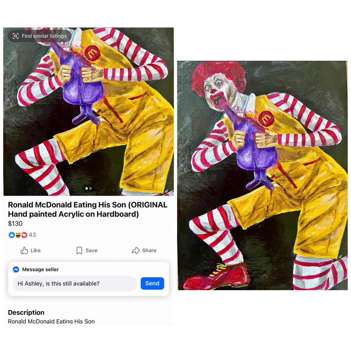 insanemrktplace's tweet photo. Ronald McDonald Eating His Son (ORIGINAL Hand painted Acrylic on Hardboard) ($130) https://t.co/lJaKRQLurN