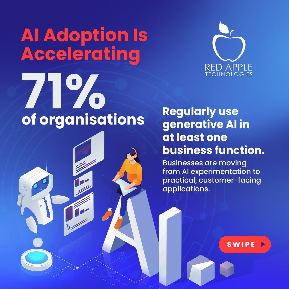 RedAppleTech's tweet photo. 71% of organisations use generative AI in at least one business function.

One AI-enabled app deployment reported:
⚡ 24% faster task completion
📈 45% higher new-user conversion

The difference? Useful, secure AI integration.

Learn more at https://t.co/zXGErQwuZ9 https://t.co/Uet2MKNYHk