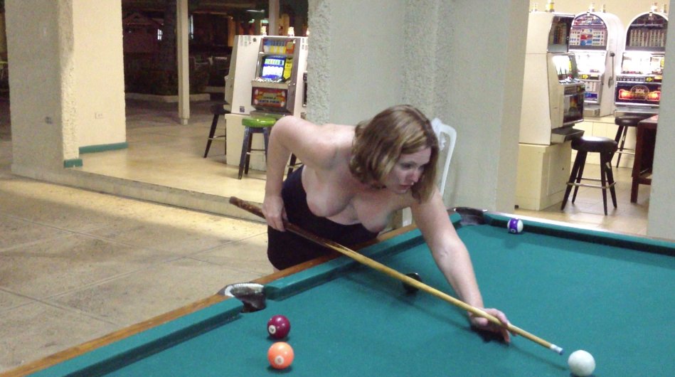 Chicago_MILF's tweet photo. Sandy my wife playing a game of strip pool a Hedo II in Jamaica. She is obviously going to lose all her cloths. Do you like the view? https://t.co/N7DMRrxfok