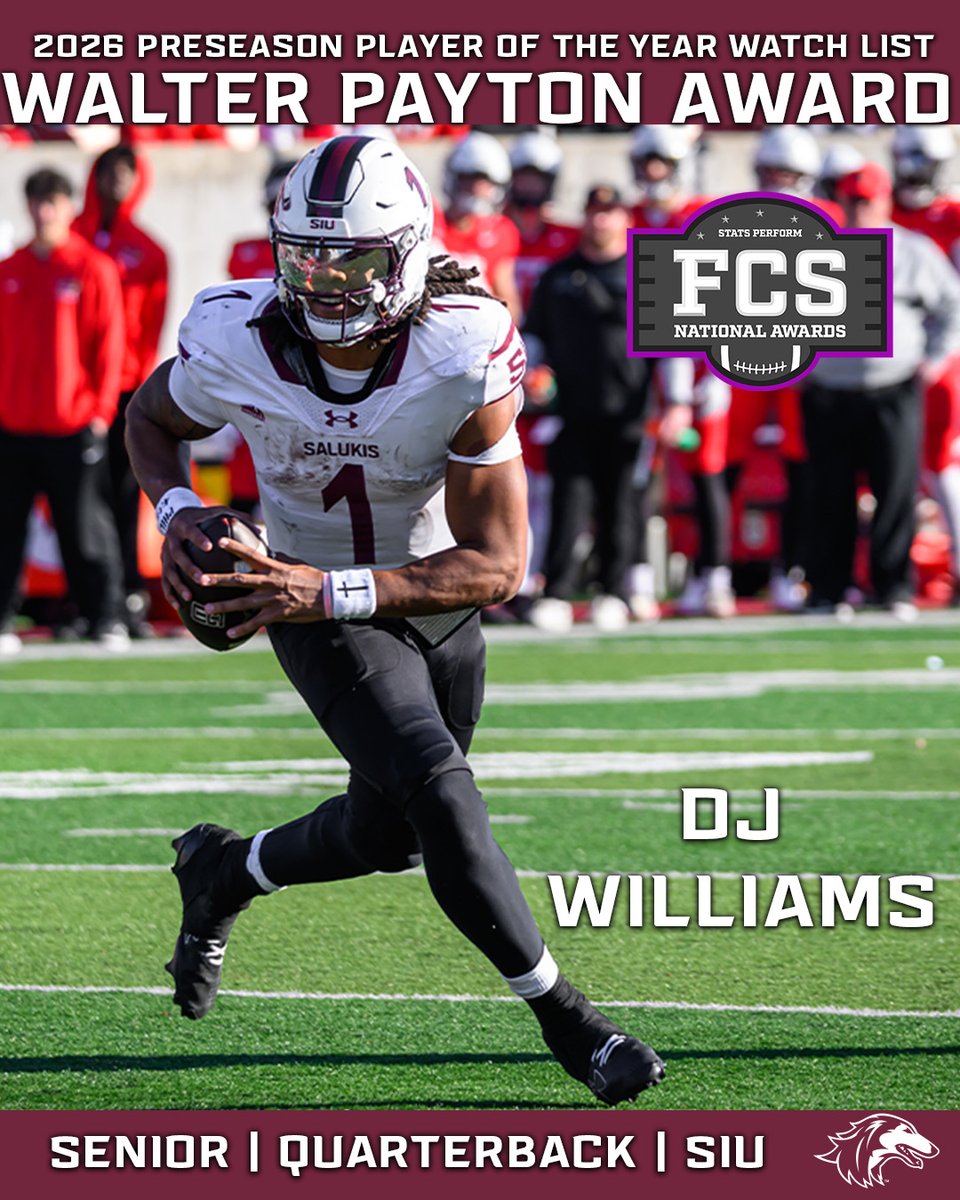 SIU_Football's tweet photo. 👀 𝗪𝗮𝗹𝘁𝗲𝗿 𝗣𝗮𝘆𝘁𝗼𝗻 𝗔𝘄𝗮𝗿𝗱 𝗪𝗮𝘁𝗰𝗵 𝗟𝗶𝘀𝘁: 𝗗𝗝 𝗪𝗶𝗹𝗹𝗶𝗮𝗺𝘀

SIU's outstanding quarterback once again finds himself in elite company as one of only 30 FCS players on the preseason Player of the Year watch list. 

Read more about DJ: https://t.co/NMZx1ArNAN

#MaroonMade | #Salukis
