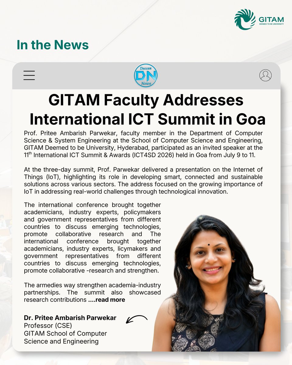 GITAMUniversity's tweet photo. Advancing innovation globally! 🌍 Prof. Pritee Ambarish Parwekar (Dept of Computer Science &amp; System Engineering, GITAM Hyderabad) represented the university as an invited speaker at #ICT4SD2026 in Goa, sharing insights on IoT's role in building sustainable, smart cities. https://t.co/DMnYmqXsFz