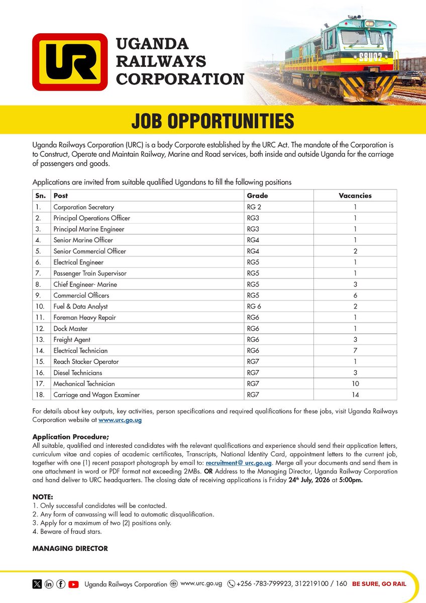 EvancoHR's tweet photo. Hiring 
@RailwaysUganda 

Visit https://t.co/3FM8CPaHTn for details. Good Luck https://t.co/mhrGexOMtu