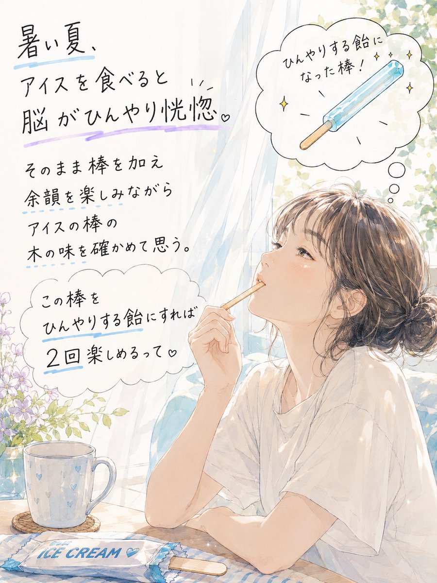 AiLaboroom's tweet photo. アイスって最後がちょっと寂しい。
だから棒をくわえて余韻を味わうんだけど、口の中に広がるのは、木の味。
毎年思う。
メーカーさん、
棒をミント味の飴にしてくれませんか。
最後まで食べ切った人だけの、
隠しステージみたいで楽しそう。 https://t.co/1zy9kTFUcZ