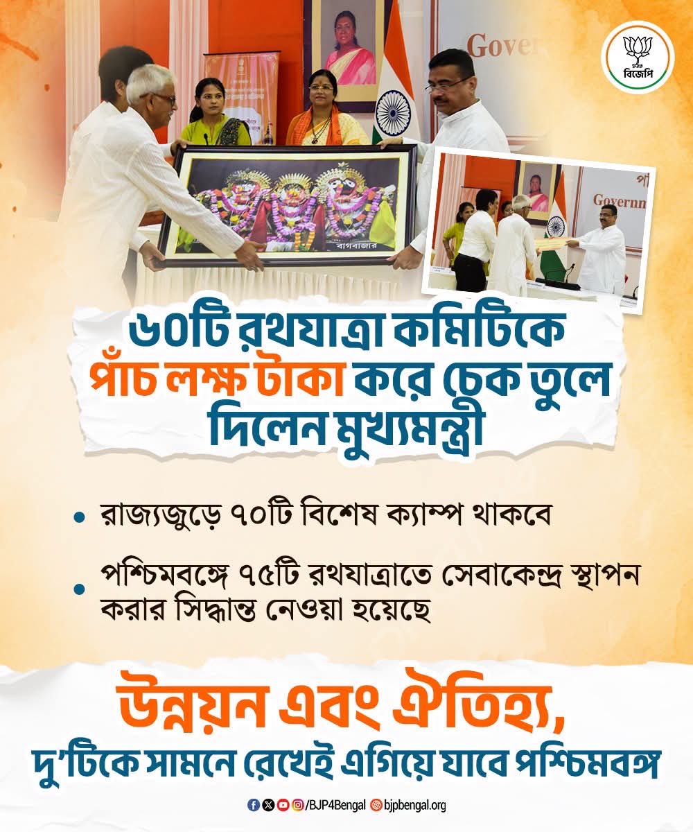Debdas4Bjp's tweet photo. রথযাত্রা শুধু একটি উৎসব নয়—এটি বাংলার ঐতিহ্য, বিশ্বাস এবং কোটি মানুষের আবেগের প্রতীক। সেই ঐতিহ্যের পাশে থেকে ৬০টি রথযাত্রা কমিটির হাতে ৫ লক্ষ টাকা করে অনুদানের চেক তুলে দিলেন মুখ্যমন্ত্রী শ্রী শুভেন্দু অধিকারী মহাশয়। https://t.co/jA56tqYelw