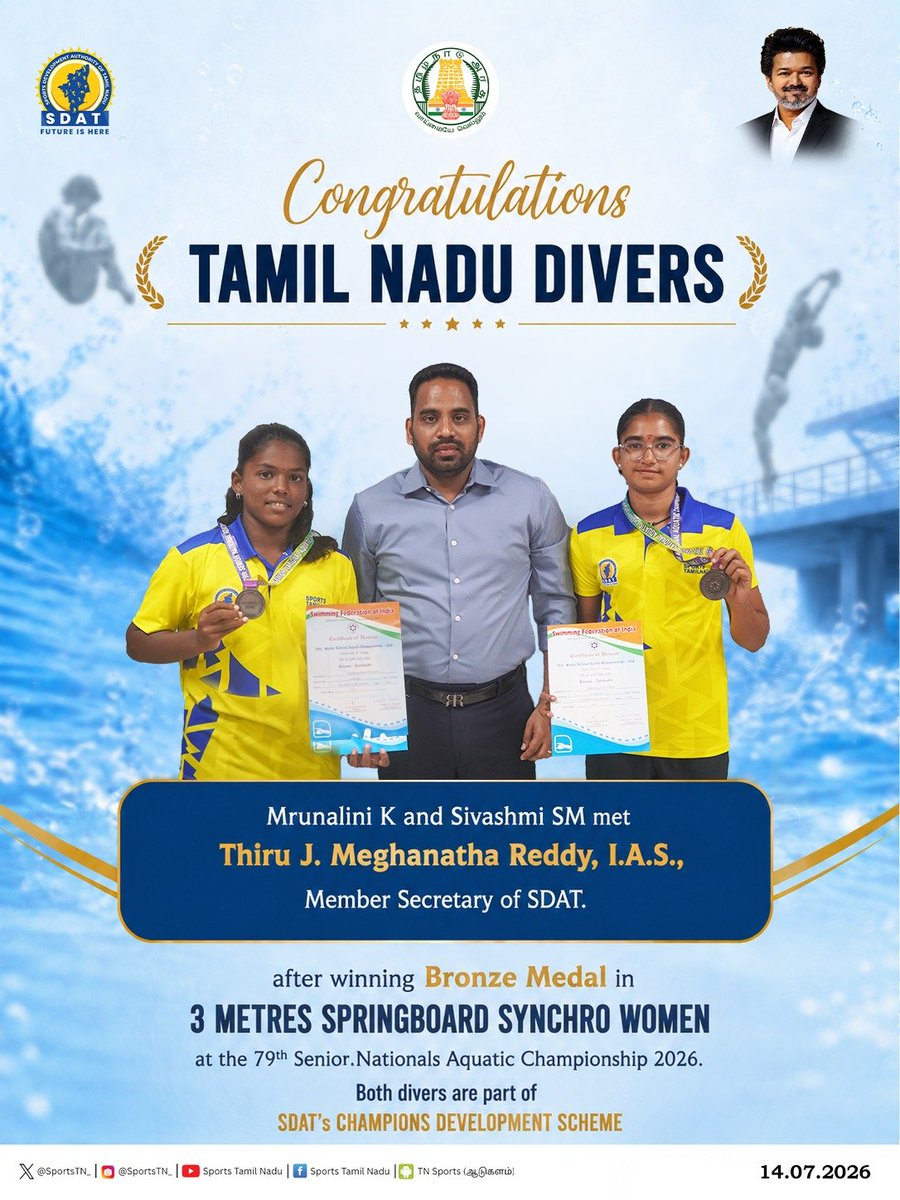 SportsTN_'s tweet photo. Proud moment for Tamil Nadu! 🌊🥉
Mrunalini K and Sivashmi SM met Thiru J. Meghanatha Reddy, I.A.S., Member Secretary of SDAT, after clinching the Bronze Medal in the 3 Metres Springboard Synchro Women event at the 79th Senior National Aquatic Championship 2026!
#sdat #TamilNaduDivers #ChampionsDevelopmentScheme #NationalAquaticChampionship2026 #FutureIsHere