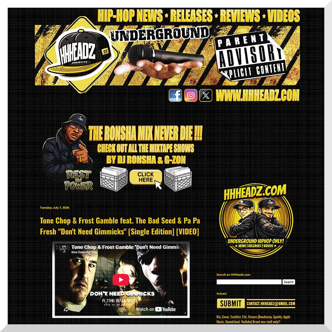 NewDawnRecs's tweet photo. Thanks to Hip Hop Headz [@HHHeadzCom] in France sharing the new video "Don't Need Gimmicks [Single Edition]" by @tonechop &amp; @FrostGamble ft @NiggalisCage with cuts by Pa Pa Fresh 

Check it out here 👉https://t.co/FuqDDYqBGM https://t.co/jZ9jOFBFNB