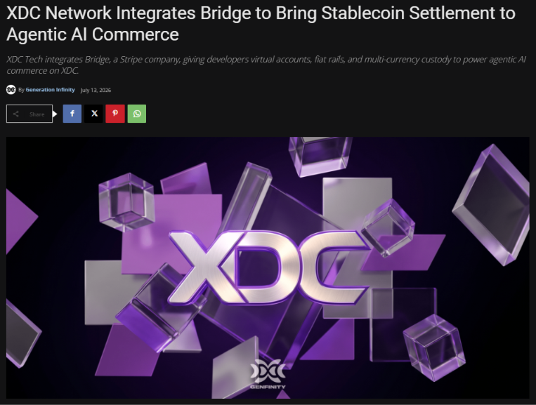 ChainMinded's tweet photo. XDC Tech integrates Bridge (a Stripe company), bringing fiat rails and near real-time stablecoin settlement to power Agentic AI Commerce, trade finance, and tokenized assets on @XDCNetwork.

Read more: https://t.co/AsTsYHkbr3

#XDCNetwork #XDC #AgenticAI #Stablecoins #RWA #Web3 https://t.co/U1QPPL2Cdg