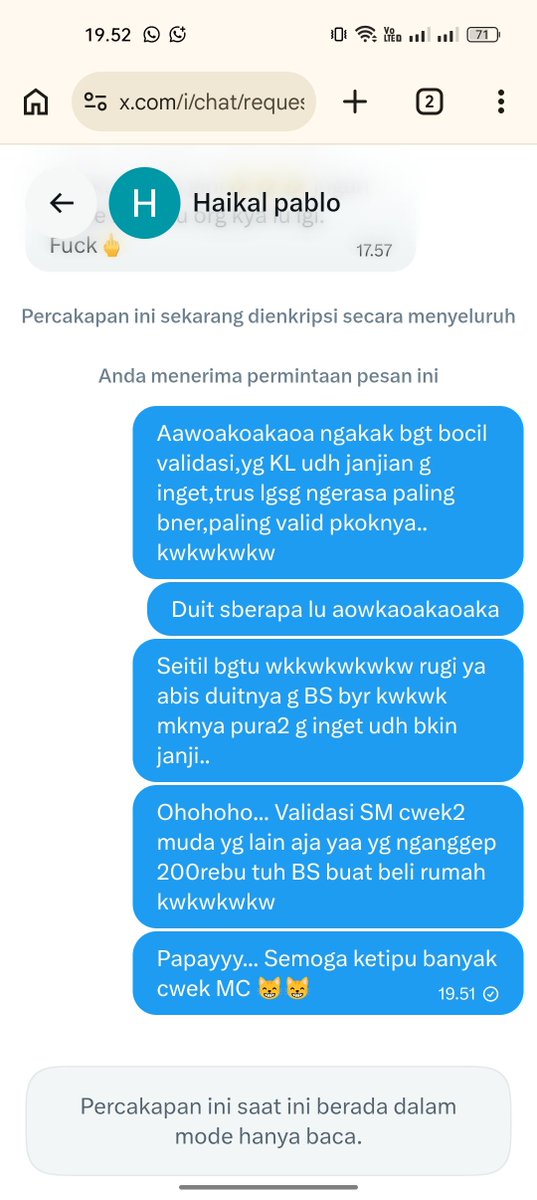 RheyCsldpwt's tweet photo. @Haikalpabl53168 Ututu kacian banget
Penak goyanganku to 

Kwkwkwkw songong si janjian SM AQ,trf yg lain,pura2 lupa pula wkakak y resiko  KL lu ketipu yg dh lu bayar tu 😂

AQ baik hati bgt cm block anak kecil haus validasi yg nganggep 200 RB itu dah BS ngidupin anakku 😂 lucu bgt validasinya dek https://t.co/lYcJSUhohi