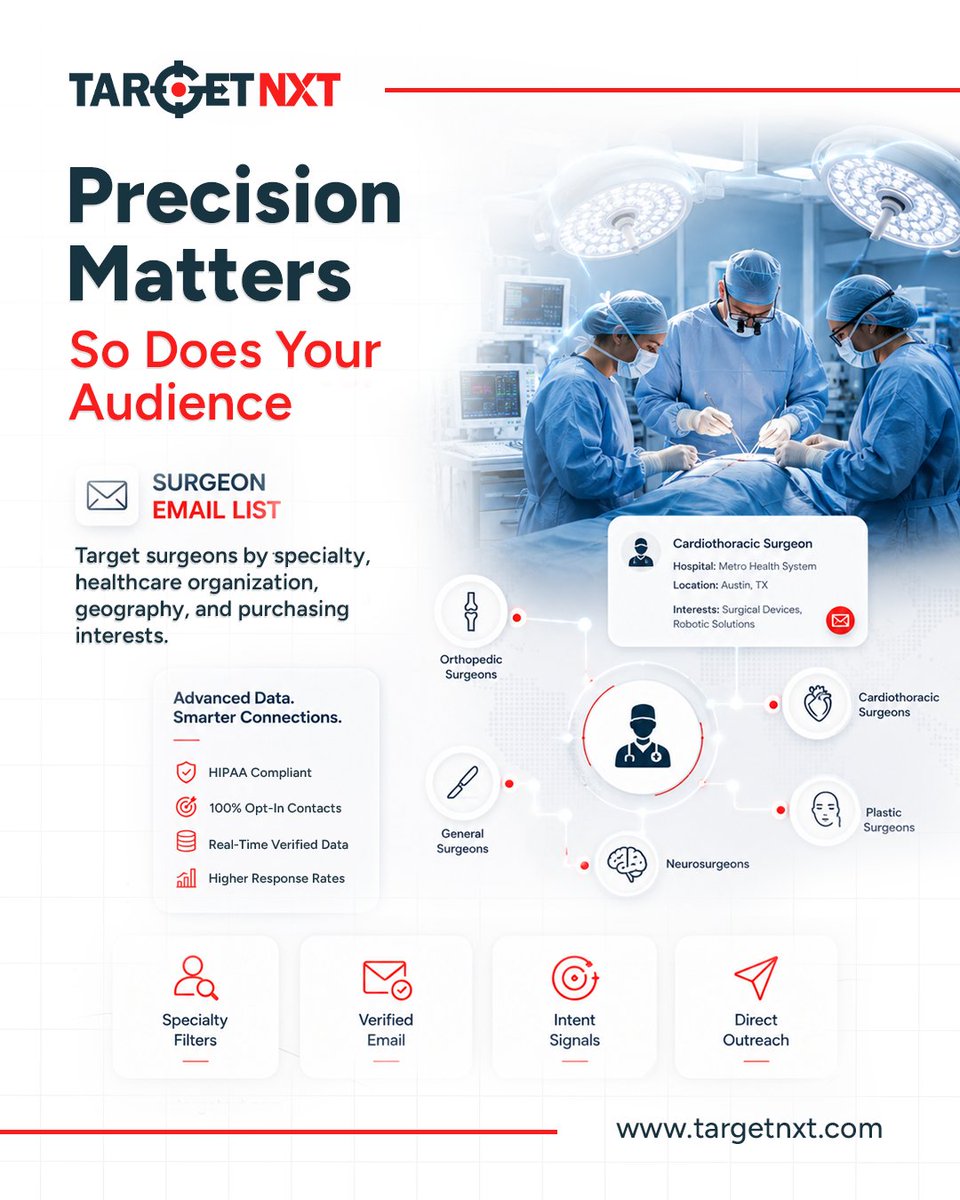 TargetNXT's tweet photo. Reach verified surgeons by specialty, hospital, and location with TargetNXT's Surgeon Email List. Generate quality leads and connect with the right healthcare professionals.

🔗 https://t.co/yThtcHie53

#HealthcareMarketing  #TargetNXT #SurgeonsEmailList https://t.co/AZcXncPsSm