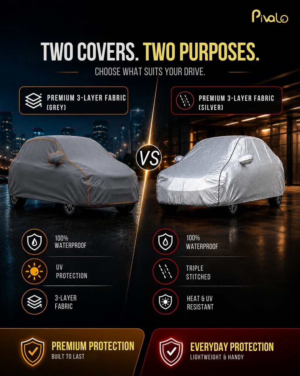 pivalostore's tweet photo. 🚗 One purpose. Two protection options.

🩶 Premium 3-Layer Fabric Cover
🤍 Silver Triple-Stitched Cover
Compare the features and choose the Pivalo car cover that fits your driving needs.

Which one would you pick? 👇

#Pivalo #CarCare #CarCover #DriveDifferent https://t.co/IPeg8UVoml