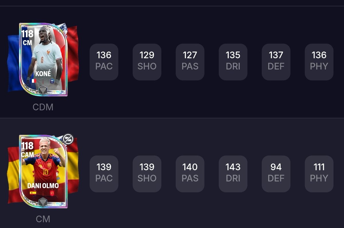 FCMUniverse's tweet photo. New World's Game Players coming at next reset are Spain & France Players to mark the Semi Final match tonight.

120 RW Yamal
119 CM Pedri
119 CAM Dembélé
118 CM Kone
118 CAM Dani Olmo

Who wins the match? Vote in comments 

Will you be trying to add any of these players to your team?

@tutiofifa @EASFCMOBILE @FCBROWN34 @JONALDINHOtm @Beastlyeafc
