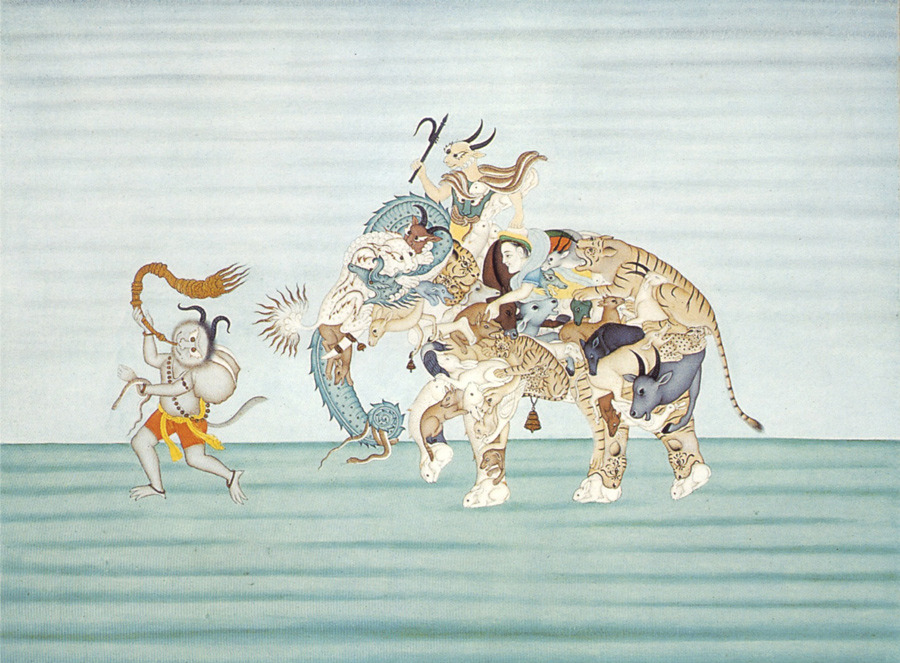 RahulSanghi1's tweet photo. TIL there's an entire sub-genre of Mughal miniature paintings that features demons leading fantastical beasts made up of intertwined people and animals https://t.co/ndTYyy2No7