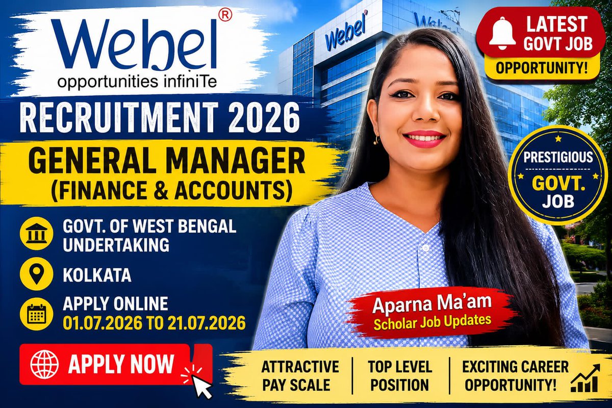 AparnaD59193158's tweet photo. WEBEL Kolkata New Recruitment 2026๐
https://t.co/D3v9rEDroN
#WEBELRecruitment2026 #WEBELJobs-#WestBengalGovtJobs #GovtJobs2026 #WBJobs #FinanceJobs-#AccountsJobs #GeneralManagerJobs #KolkataJobs #LatestGovtJobs #PSUJobs #GovernmentJobs #Job-#WEBEL-#Jobs https://t.co/sknvypgjZU