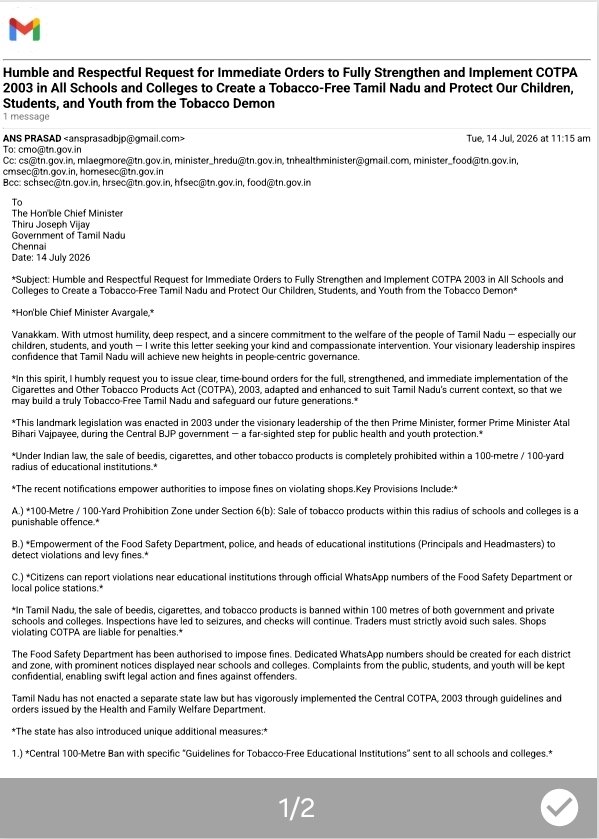 ANSPRASAD_TN's tweet photo. My letter to Hon'ble @CMOTamilnadu Thiru #JosephVijay.
I humbly urge immediate implementation of #COTPA 2003 in all TN schools & colleges to build a #TobaccoFreeTamilNadu and protect our children, students & youth from #tobacco.
Kindly issue strict orders.
#TobaccoFreeIndia https://t.co/C7fh1mkXmk