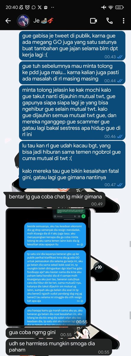 dazzlingkkk's tweet photo. kayaknya aku juga harus ngelurusin perihal chat @jeerkaif ke kak @bloomingmochi yang udah kesebar kemana-mana

awalnya aku emang ada cerita ke je dan minta tolong ke dia bisa gak bantu ngomong ke kak mochi buat aku klarif ke gdm project sk aja, aku beneran gak jadiin dia tameng atau maksa dia buat ngebela aku. maaf kalo kesannya sangat egois, tapi beneran ini gak ada sangkupautnya sama je. dia gak bela kesalahan aku

je gatau apa-apa, semua temen temen sk aku gatau masalah aku yang bohong ke kak mochi. jadi tolong jangan salahin mereka, jangan hujat mereka yang gatau apa-apa. gatau aku harus minta maaf gimana lagi, tapi aku beneran gak bermaksud untuk jadiin mereka tameng aku. semua temenku terlalu baik... mereka gak ada yang jahat, aku gak mau nama mereka jadi ikut keseret karna ulah aku yang gak mikir sebelum bertindam