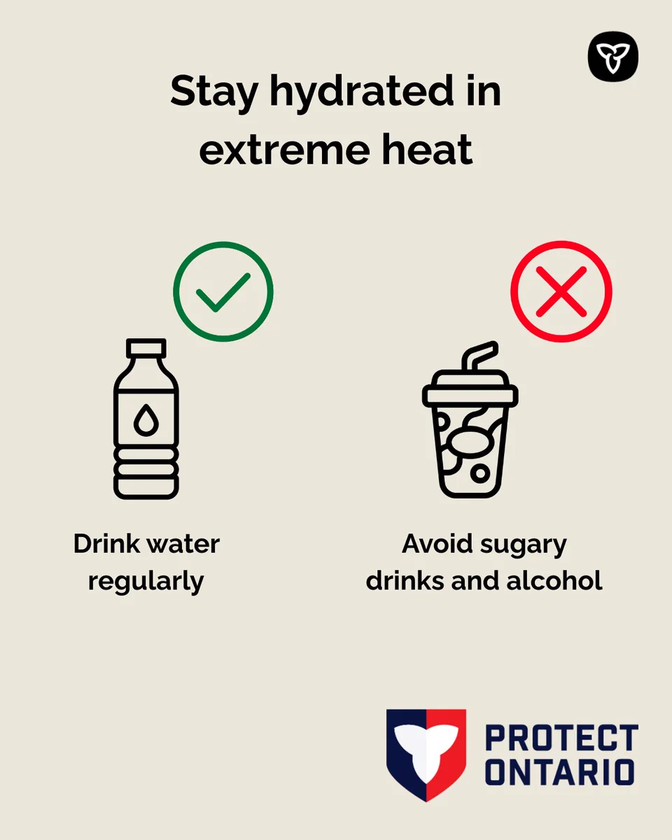 Water bottle and sweet drink icons. Text: Stay hydrated in extreme heat. Drink water regularly. Avoid sugary drinks and alcohol.  