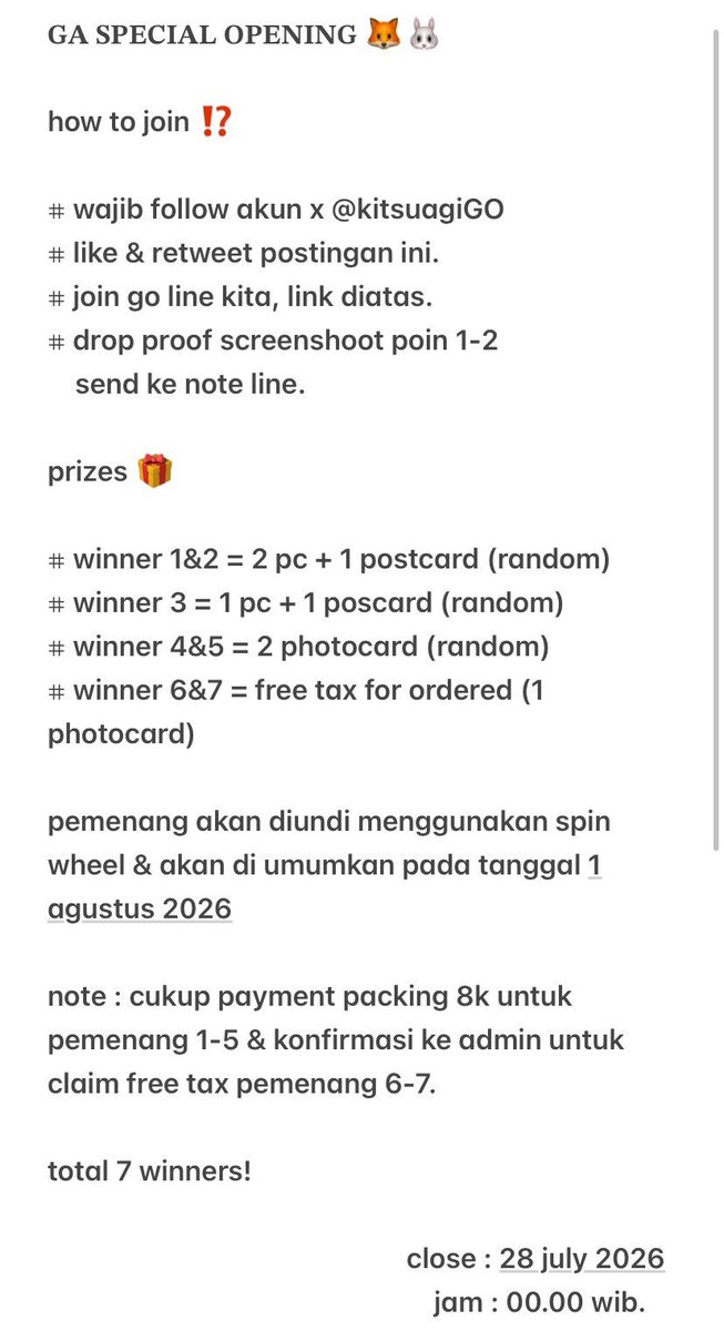 kitsuagiGO's tweet photo. 🦊 GA @kitsuagiGO SPECIAL OPENING! 🐰

halo halo yorobun! 👋🏻🤍

dalam rangka opening, kita mau adain GA kecil-kecilan nih buat ngeramein awal perjalanan KITSUAGI GO!

📌 rules &amp; TnC ada di pict ya!

link line : https://t.co/GOiCjKxr5K

gud luck!☘️

#giveaway #zonauang #zonajajan https://t.co/z0URZlFEVH