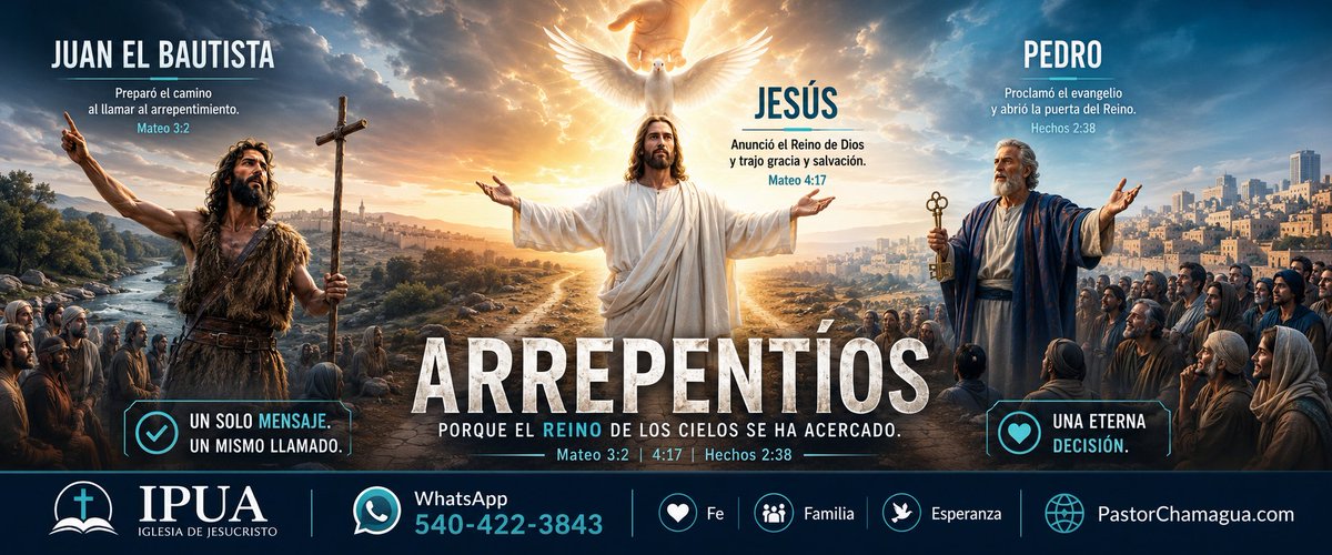 MiGente700AM's tweet photo. El Grito que Unió a Tres Ministerios: El Arrepentimiento como Puerta de Entrada

IPUA-Iglesia de Jesucristo | WhatsApp 540-422-3843
Fe • Familia • Esperanza | https://t.co/lFxYjnbcEv

El eco que resonó al inicio de los tres grandes ministerios fue el mismo: un llamado urgente al arrepentimiento. Juan el Bautista, como voz que clama en el desierto, inauguró su obra predicando: "Arrepentíos, porque el reino de los cielos se ha acercado". El Señor Jesucristo, al comenzar su proclamación pública, retomó exactamente las mismas palabras, estableciendo que este era el umbral indispensable para entrar en su reino. Más tarde, el apóstol Pedro, lleno del Espíritu Santo en Pentecostés, concluyó su primer sermón con un mandato idéntico: "Arrepentíos y bautícese cada uno de vosotros en el Nombre de Jesucristo para el perdón de vuestros pecados" (Hechos 2:38).

Esta coincidencia no es fortuita, sino que revela una verdad teológica profunda: el arrepentimiento es el punto de partida de la salvación. No es un mero gesto de tristeza, sino un giro radical, un cambio de dirección que implica reconocer la propia indignidad y volverse a Dios. Es necesario porque el pecado ha creado una ruptura; es el reconocimiento humilde de que hemos errado el camino. Es pivotal, porque sin este acto de rendición, el alma permanece anclada en su rebeldía, incapaz de recibir la gracia. El arrepentimiento abre la puerta al perdón, reconcilia al hombre con su Creador y prepara el corazón para la obra transformadora del Evangelio. Sin él, no hay conversión; con él, comienza la nueva creación.