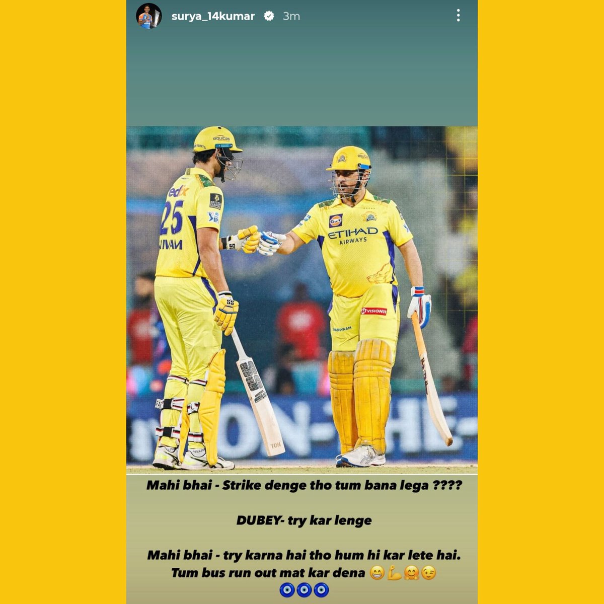 JunaidKhanation's tweet photo. SKY Likes CSK alot … This was His Insta Story after Dhoni’s Finish vs LSG in IPL 2025 💛 https://t.co/uuIGaWlTwm