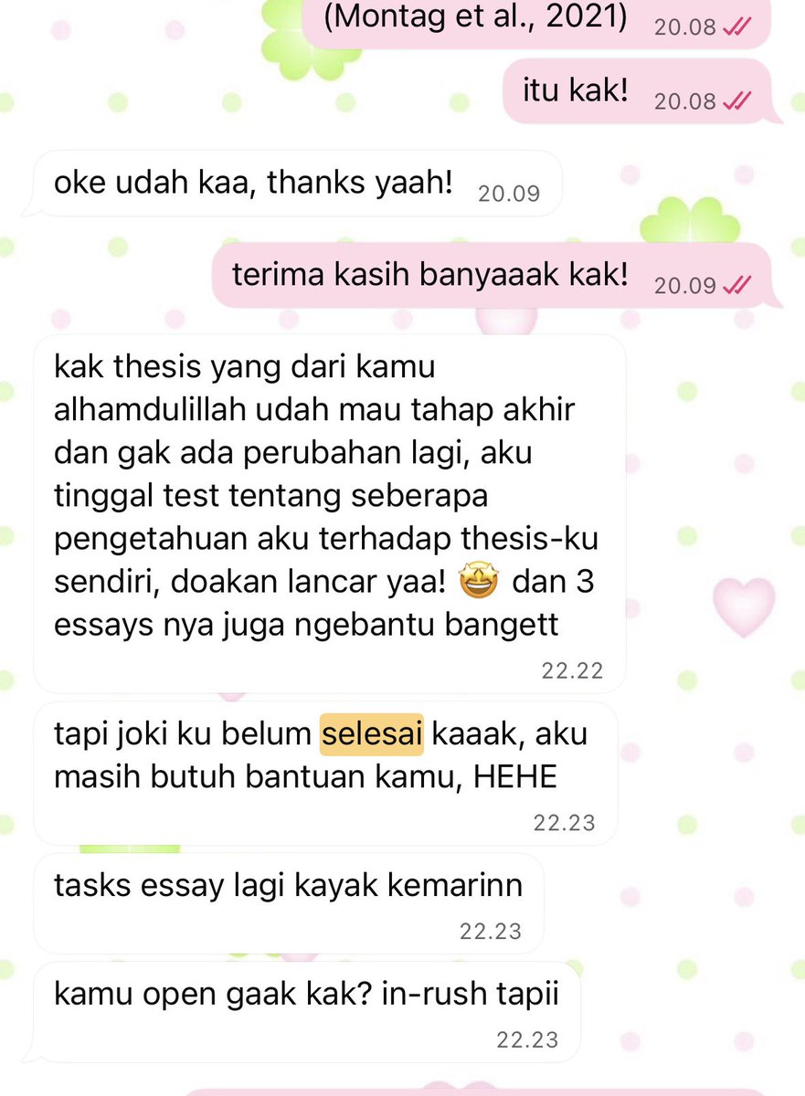 sheisdollyy's tweet photo. what are my customers said? 💬⭐️

i'm accepting joki for thesis, skripsi, paper, journal, essays, book, article, english test yah! ini beberapa testi dari customer for the past 4 months. ada garansi dan bahkan untuk skripsi aku send penjelasan nya juga ya so you won't feel confused or else >___< 💘