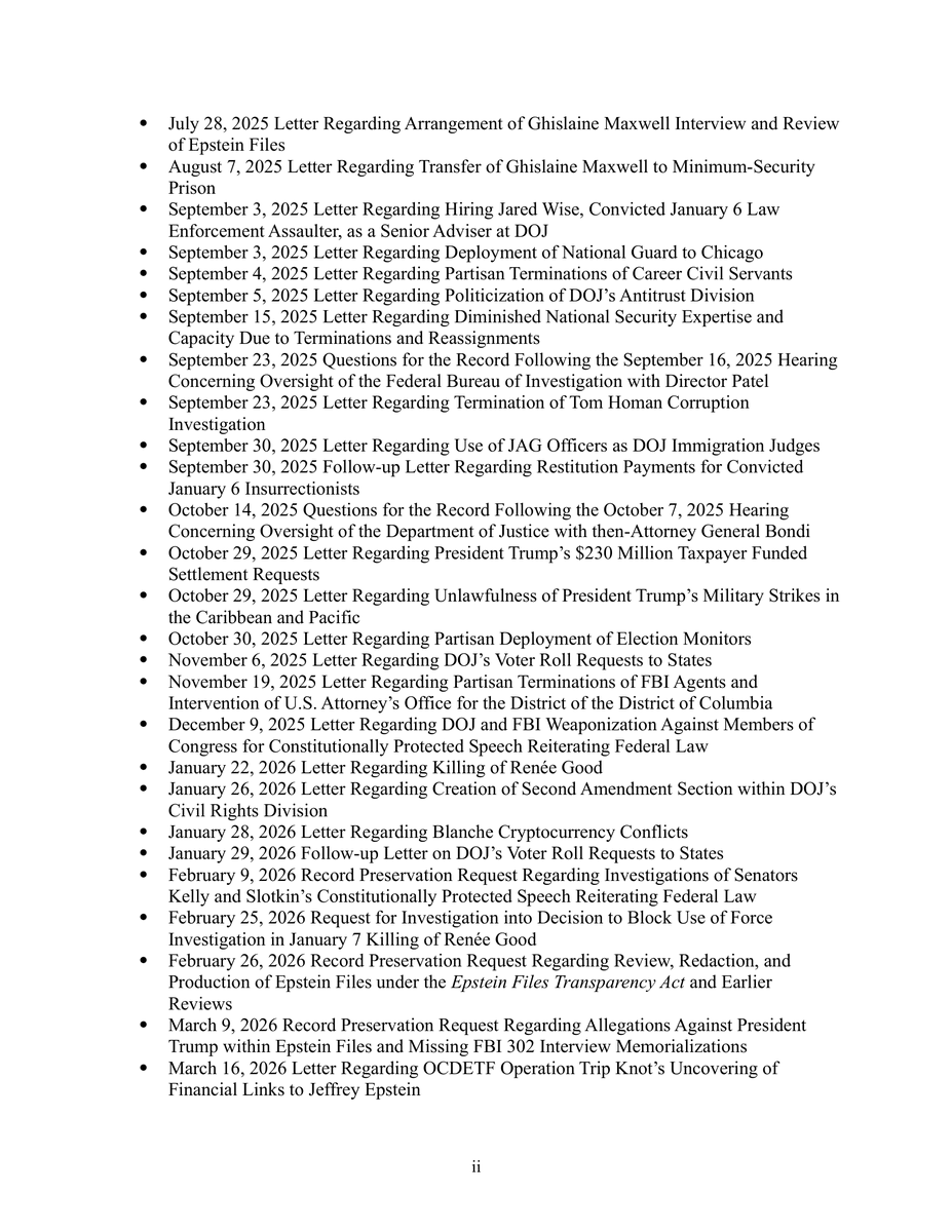 JudiciaryDems's tweet photo. This is Todd Blanche’s corrupt Justice Department.

Dozens upon dozens of ignored oversight requests. This is EVERY SINGLE ONE.

He only believes in answering to Trump… not Congress… and not YOU. https://t.co/5X2K5Obn4a