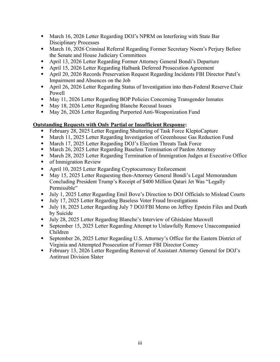 JudiciaryDems's tweet photo. This is Todd Blanche’s corrupt Justice Department.

Dozens upon dozens of ignored oversight requests. This is EVERY SINGLE ONE.

He only believes in answering to Trump… not Congress… and not YOU. https://t.co/5X2K5Obn4a