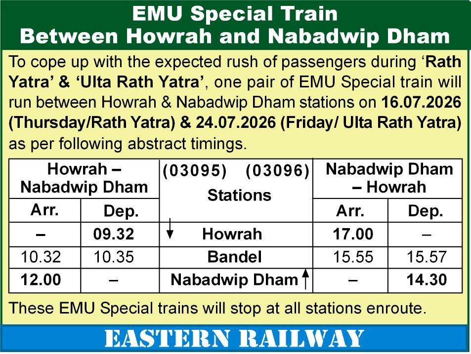 EasternRailway's tweet photo. হাওড়া এবং নবদ্বীপ ধাম-এর মধ্যে ইএমইউ স্পেশাল ট্রেন
हावड़ा और नबद्वीप धाम के बीच ईएमयू स्पेशल ट्रेन
EMU Special Train Between Howrah and Nabadwip Dham
#EasternRailway https://t.co/hF53nvydbK