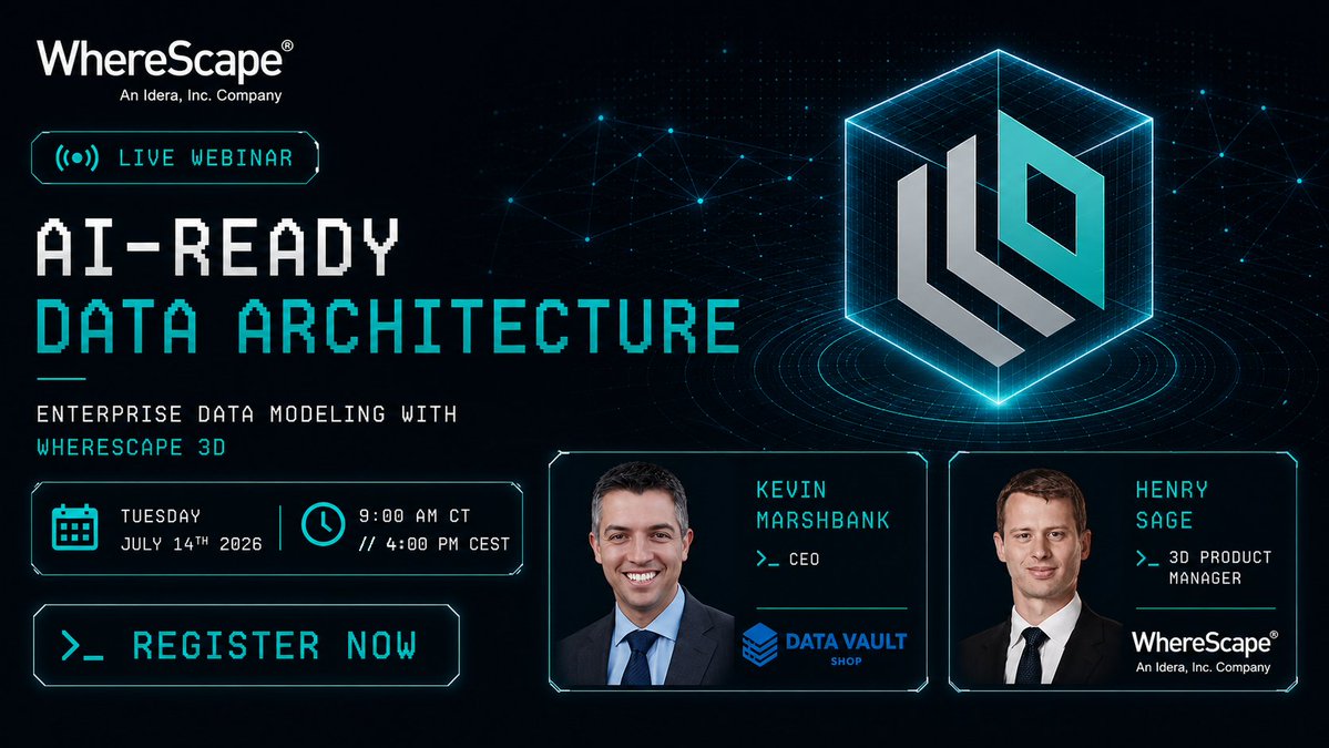 wherescape's tweet photo. Today's the day โผ๏ธ Join Kevin Marshbank & Henry Sage to explore WhereScape 3D's AI-ready data architecture. ๐ Join us: https://t.co/62onPtX0wm #DataArchitecture #DataModeling #AIReadiness #DataVault #WhereScape https://t.co/of8ke0dVax