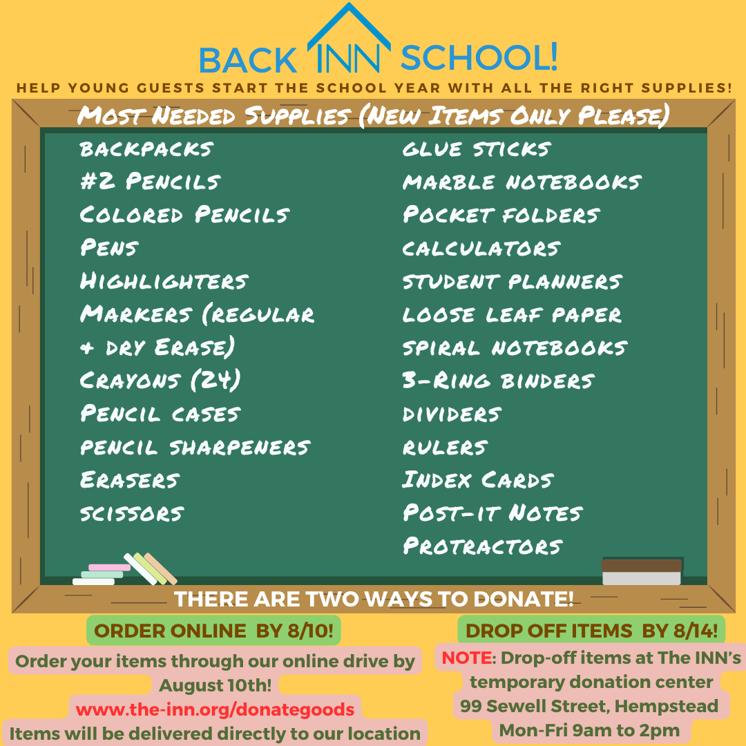 getinnvolved's tweet photo. Help INN guests start off the school year with the right supplies! Donate brand new school supplies and backpacks online or INN-person. Help us distribute 1,000 full backpacks! Visit https://t.co/mmDjiHQceB to get started! https://t.co/AY0NkQ7yHt