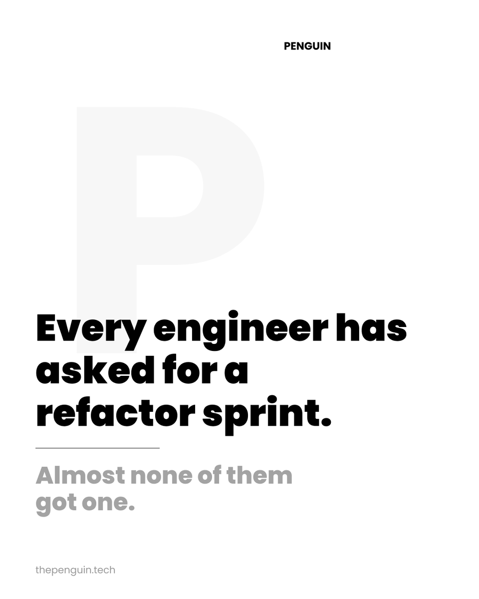 thepenguintech's tweet photo. Every engineer has asked for a refactor sprint. Almost none of them got one.
There's one specific reason cleanup requests keep losing to feature deadlines, and most engineers never say it out loud.
#softwaredevelopment #startups #engineering #codebase https://t.co/RWaXZSYu8N