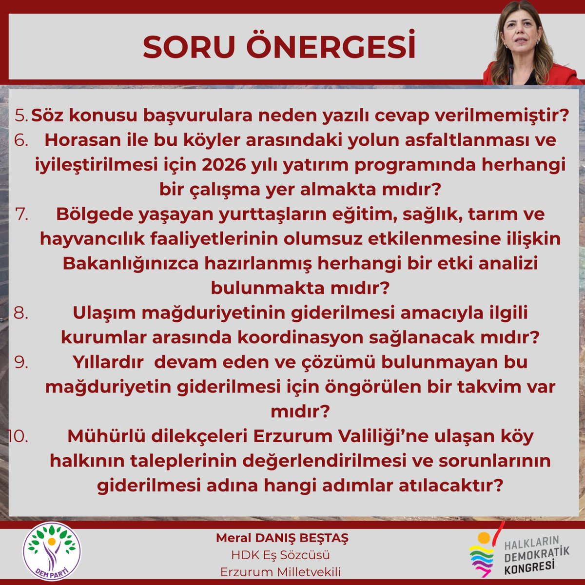 meraldanis's tweet photo. Karakurt Barajı yapıldıktan sonra bir kısım yolların kapanması Erzurum ve Kars’ta 19 köyün mağduriyetine neden oldu.
#Erzurum #Horasan ve Kars Sarıkamış arasında bulunan 19 köyün muhtarı, yıllardır çözülmeyen ulaşım sorununu defalarca dile getirdi.
📍 Erzurum Valiliği
📍 Iğdır Valiliği
📍 Sarıkamış Kaymakamlığı
📍 Horasan Kaymakamlığı
📍 Tuzluca Kaymakamlığı
📍 Kağızman Kaymakamlığı
📍 Erzurum Büyükşehir Belediyesi
📍 Horasan Belediyesi
başta olmak üzere muhtarlar, birçok kuruma mühürlü dilekçeler verildi.
Bu konuda ne yazıkki hala bir gelişme ve dilekçelere yanıt yok.
İncesu, Eşmeçayır, Armutlu, Karapınar, Başköy, Çolaklı, Karakilise ve diğer köylerde yaşayan yurttaşlar bozuk yollar nedeniyle sağlık, eğitim, tarım ve günlük yaşamda büyük mağduriyet yaşıyor.
Biz de 19 köy muhtarının talebini TBMM gündemine taşıdık.
Köylülerin sesi duyulana kadar bu konunun takipçisi olacağız. Umuyoruz, yıllara yayılan bu büyük mağduriyet en kısa zamanda son bulur.