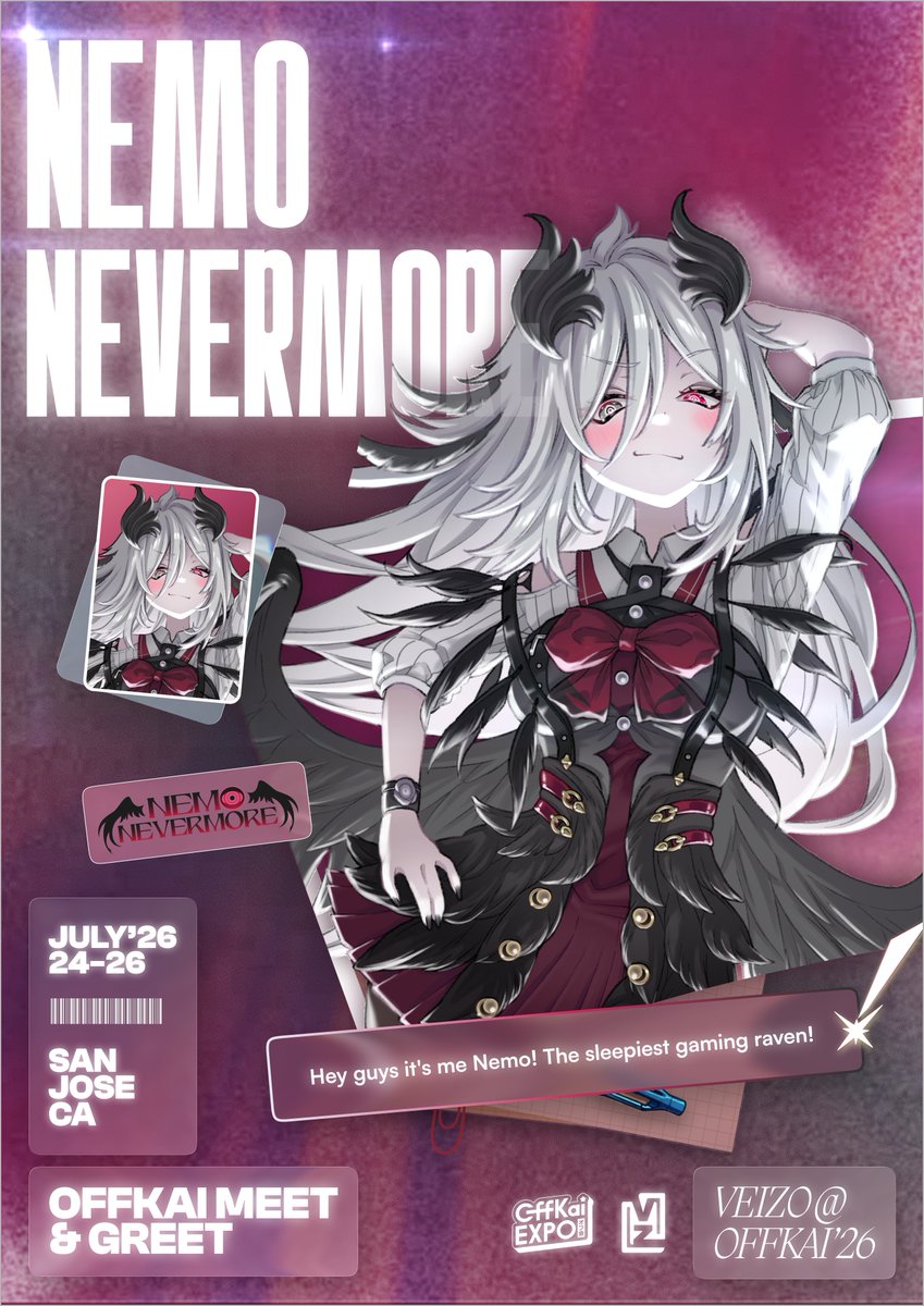 veizojp's tweet photo. Quoth the Raven: One M&amp;G More 🐦‍⬛

Is @NemoNevermore_ 🐦‍⬛ as well adjusted as she says? Tell us after going to her M&amp;G at Offkai!

Find us at #OffKaiGen5 Exhibitor hall, from July 24th - July 26th...

More meet and greets are waiting in the wings!
#veizoffkai2026 https://t.co/7ZzGmau43K