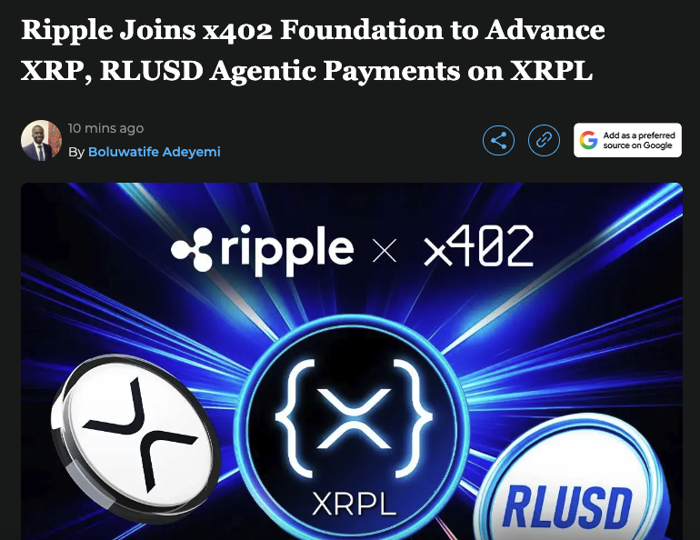 paulbarron's tweet photo. The internet is shifting from "search" to "pay," and @Ripple is leading.  

🔥Ripple has officially joined the x402 Foundation as a Premier Member, alongside other giants like @coinbase , Google, and @Mastercard! As AI agents begin managing end-to-end transactions autonomously, they need an ultra-fast, internet-native payment layer.  With XRP Ledger’s speed and low fees, developers can now build infrastructure enabling AI agents to transact autonomously using $XRP and $RLUSD - bout to get real!