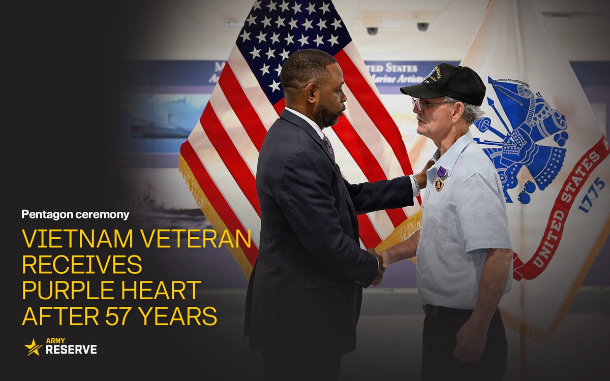 USArmyReserve's tweet photo. “I just remember getting shot in the arm first, then the shoulder. I was trying to carry on, but my right arm was just hanging. I did the best I could.”

ICYMI: A Vietnam veteran receives his Purple Heart at the Pentagon after 57 years ➡️ https://t.co/6a6qD7USRS https://t.co/aZeNLAcwE9