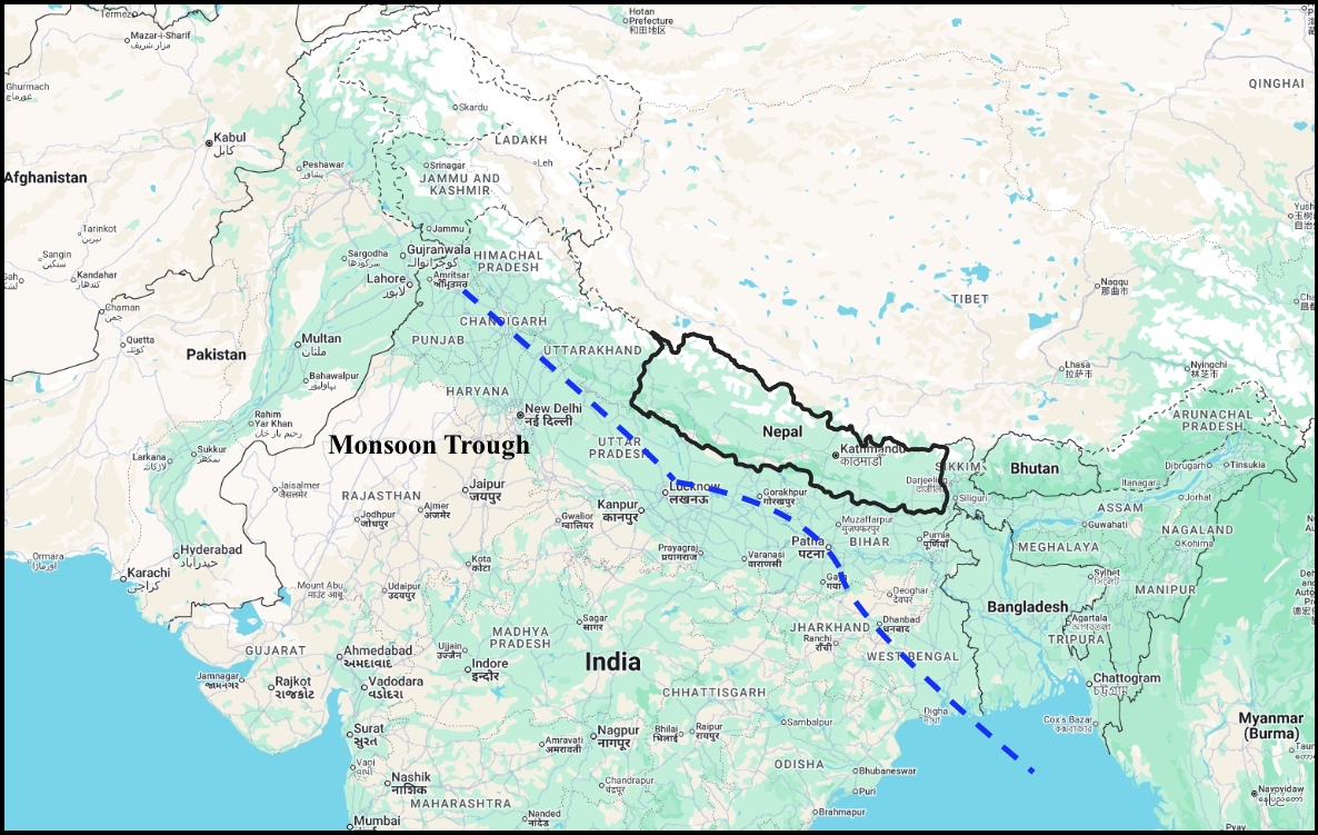 MetKeenXR's tweet photo. Monsoon Trough नेपालको सुदुर पश्चिम र लुम्बिनी प्रदेशको तराई भू-भाग नजिक  र कोशी प्रदेशमा सरदर भन्दा तल रहेको छ। https://t.co/xKW2eQyaS7