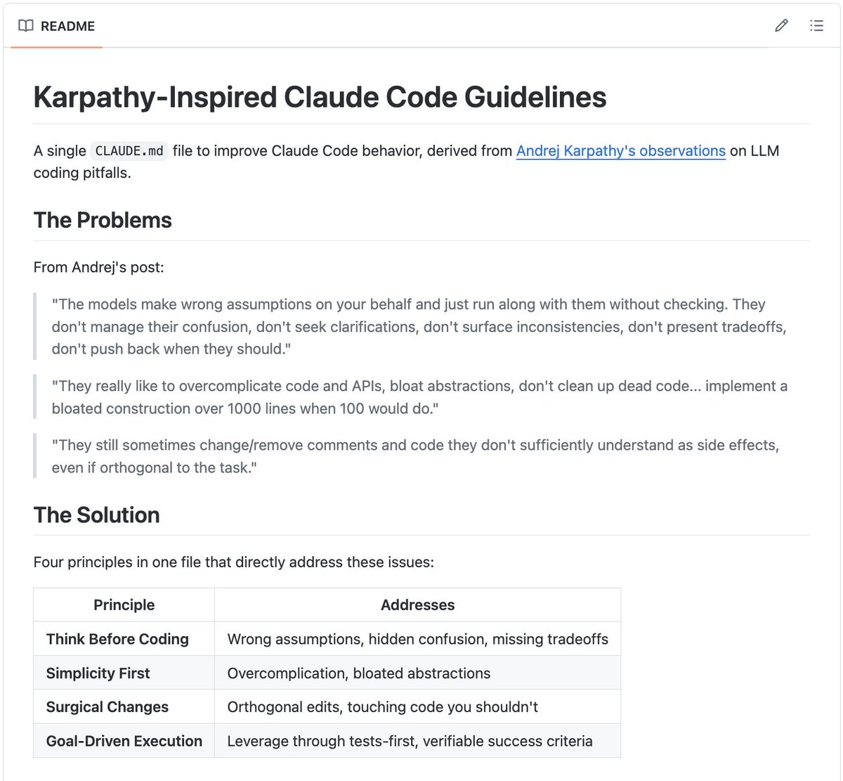 akshay_pachaar's tweet photo. A single 𝗖𝗟𝗔𝗨𝗗𝗘.𝗺𝗱 file just hit 192k GitHub stars.

(derived from Karpathy's coding rules)

Andrej Karpathy observed that LLMs make the same predictable mistakes when writing code: over-engineering, ignoring existing patterns, and adding dependencies you never asked for.

If you've used AI coding assistants, you've hit all of these.

But here's the thing:

If the mistakes are predictable, you can prevent them with the right instructions.

That's exactly what this 𝗖𝗟𝗔𝗨𝗗𝗘.𝗺𝗱 does. You drop one markdown file into your repo, and it gives Claude Code a structured set of behavioral guidelines for your entire project.

This is a big deal.

- Built entirely around prompt engineering for AI coding assistants
- No framework, no complex tooling, just one .md file that shapes behavior

Developers are moving past "use AI to write code" and into "engineer the AI's behavior so the code is actually good."

The Claude Code ecosystem is growing fast, and the best tools in it aren't always software. Sometimes they're just well-crafted instructions.

100% open-source.

Link to the GitHub repo: https://t.co/pq6g88tNE3

That said, I wrote an article on the anatomy of the .claude folder, which was read by 11 million people.

It's a complete guide to 𝗖𝗟𝗔𝗨𝗗𝗘.𝗺𝗱, hooks, skills, agents, and permissions, and how to set them up properly.

The article is quoted below.
