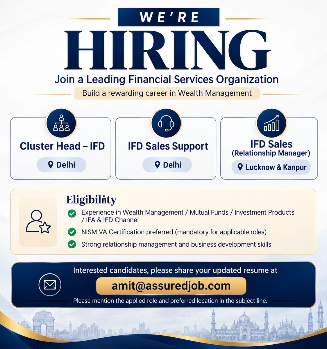 iamit7's tweet photo. We are hiring for a leading Financial Services Company across multiple roles.
Join our WhatsApp community: https://t.co/n80rLBeQZ1
#Hiring #WealthManagement #RelationshipManager #ClusterHead #SalesSupport #IFD #MutualFunds #InvestmentProducts #FinancialServices #DelhiJobs https://t.co/xRIcO9o3Ah